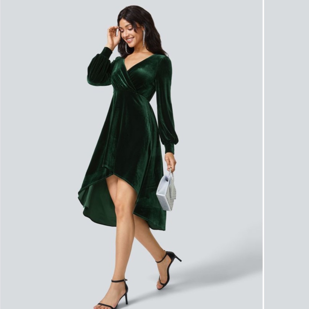 Halara V Neck Crossover Bishop Long Sleeve High Low Flowy Velvet Midi Dress L